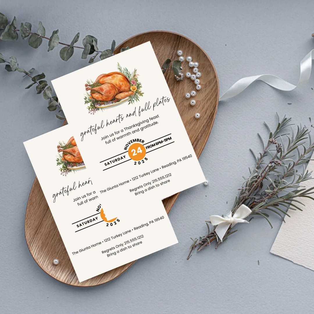 Grateful hearts and full plates thanksgiving invitations printed or printable customized