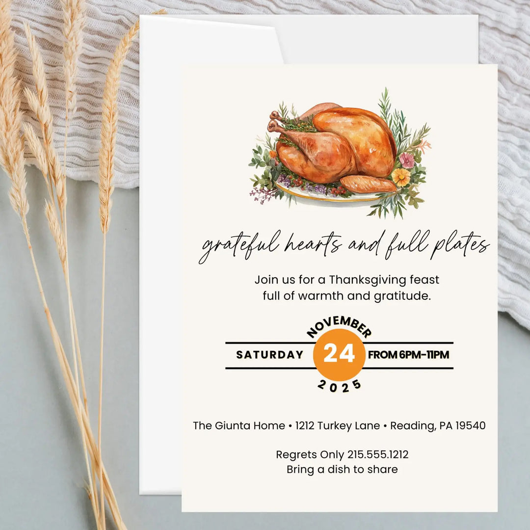 Grateful hearts and full plates thanksgiving invitations printed or printable customized