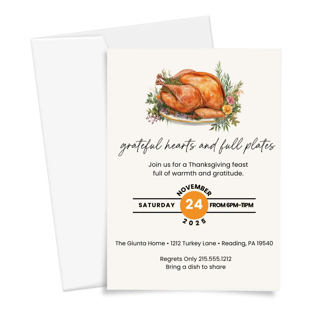 Grateful hearts and full plates thanksgiving invitations printed or printable customized