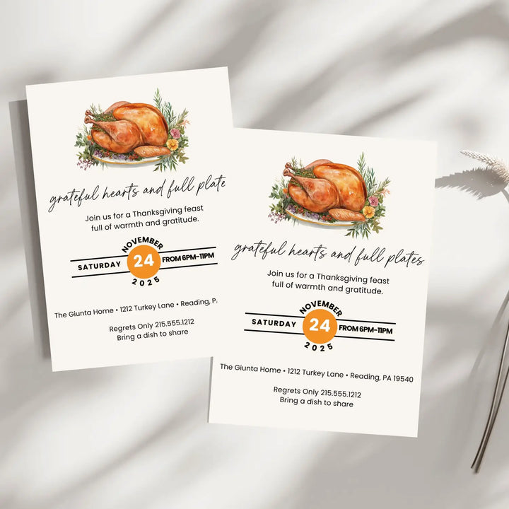 Grateful hearts and full plates thanksgiving invitations printed or printable customized