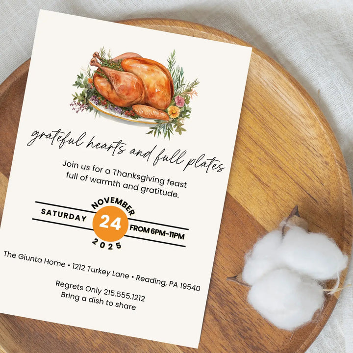 Grateful hearts and full plates thanksgiving invitations printed or printable customized