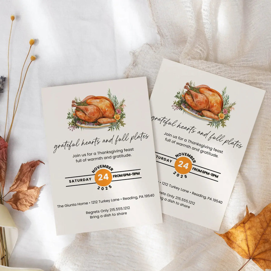 Grateful hearts and full plates thanksgiving invitations printed or printable customized