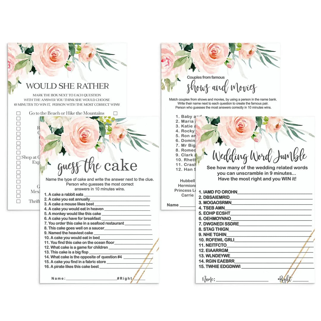 Greenery Blush and Gold Wedding Word Scramble and Famous Movie Couple Trivia Graceful Floral Bridal Shower Games - Double-Sided 5x7 Cards for 25 Guests - Paper Clever Party