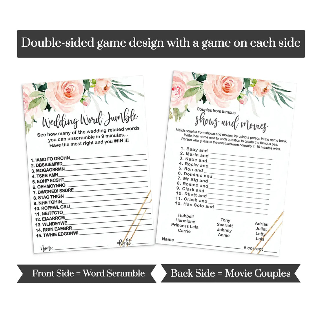 Greenery Blush and Gold Wedding Word Scramble and Famous Movie Couple Trivia Graceful Floral Bridal Shower Games - Double-Sided 5x7 Cards for 25 Guests - Paper Clever Party