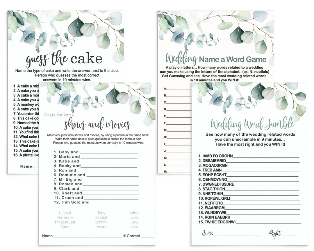 Greenery Bridal Shower Game Bundle - Eucalyptus Floral Word Scramble, Cake Guess, and Matching Couples, Double-Sided 5x7 Cards for 25 Guests - Paper Clever Party