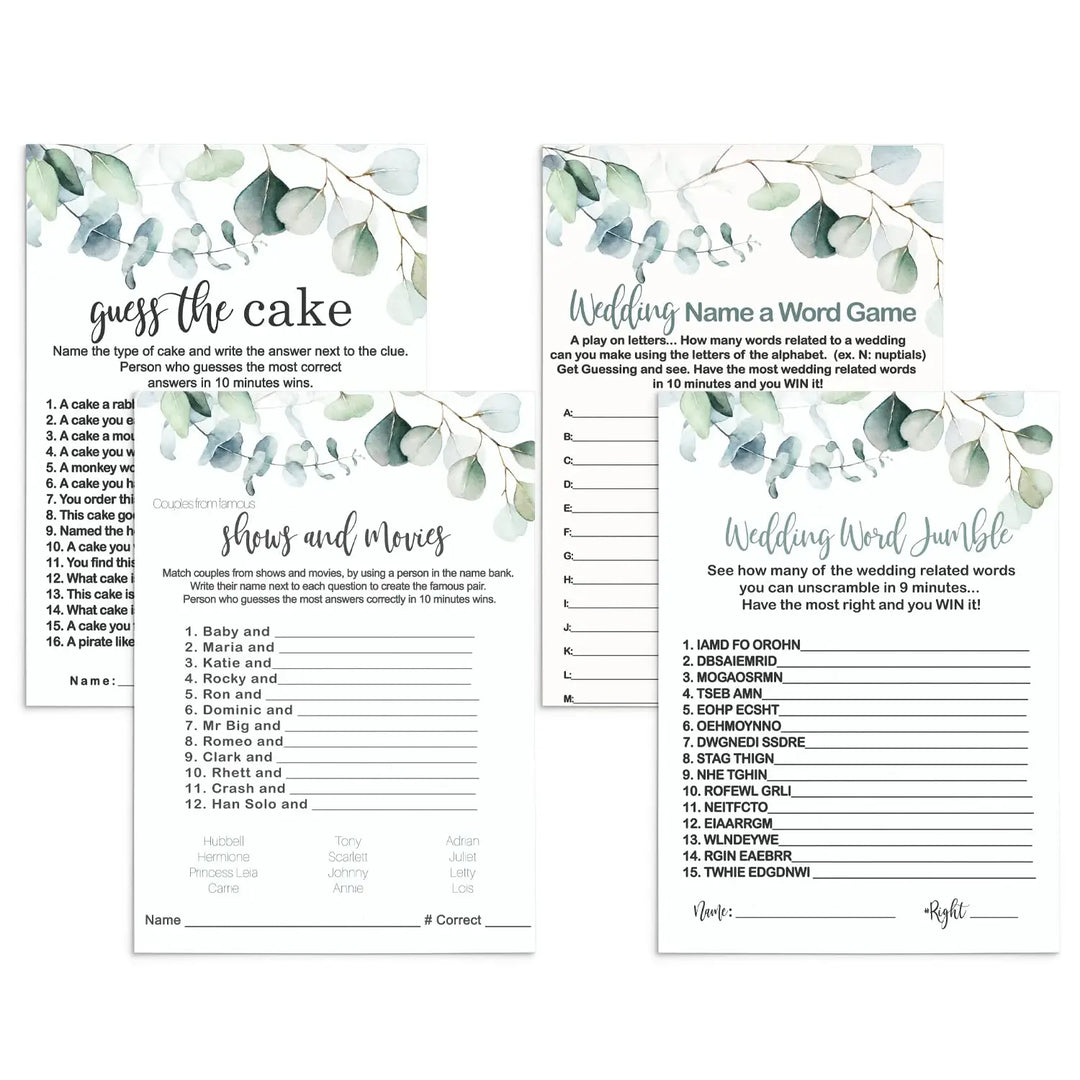 Greenery Bridal Shower Game Bundle - Eucalyptus Floral Word Scramble, Cake Guess, and Matching Couples, Double-Sided 5x7 Cards for 25 Guests - Paper Clever Party