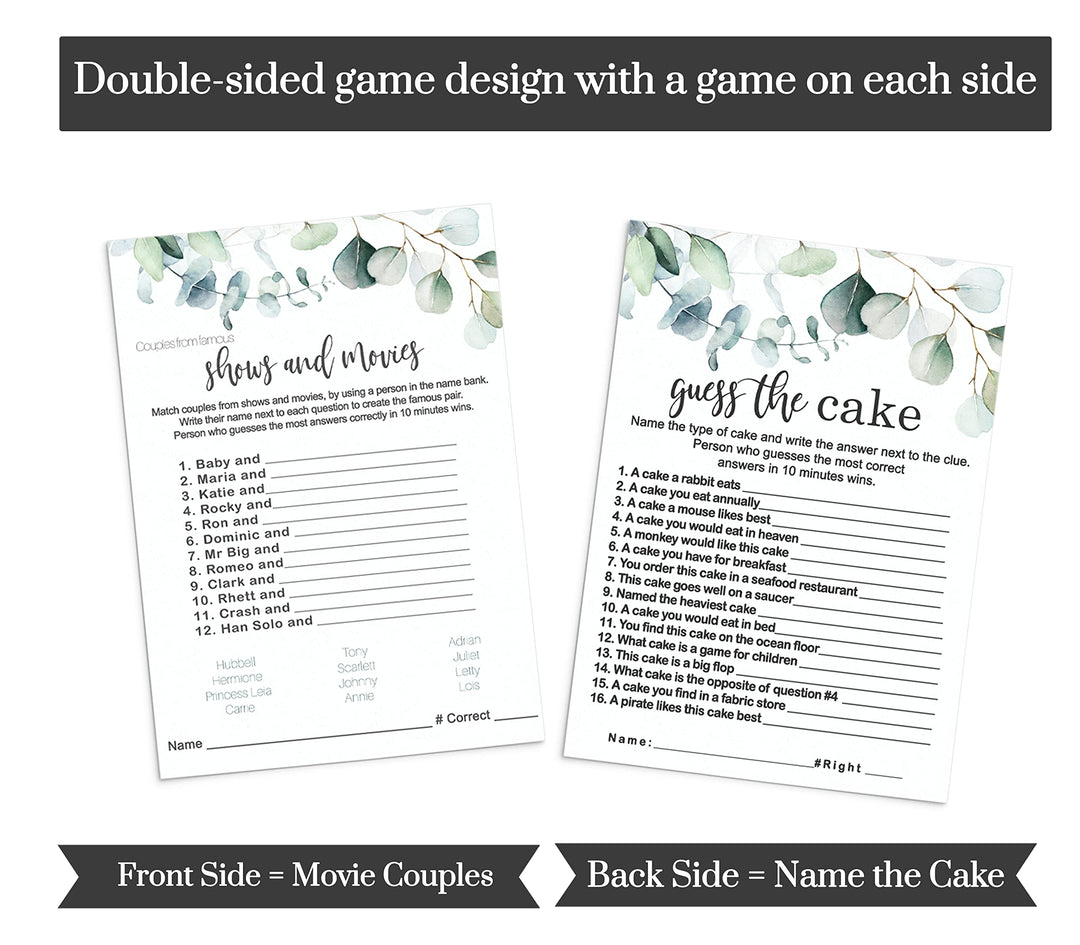 Greenery Bridal Shower Game Bundle - Eucalyptus Floral Word Scramble, Cake Guess, and Matching Couples, Double-Sided 5x7 Cards for 25 Guests - Paper Clever Party