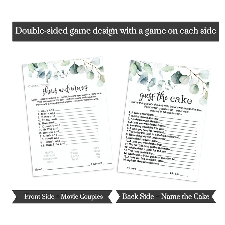 Greenery Bridal Shower Game Bundle - Eucalyptus Floral Word Scramble, Cake Guess, and Matching Couples, Double-Sided 5x7 Cards for 25 Guests - Paper Clever Party