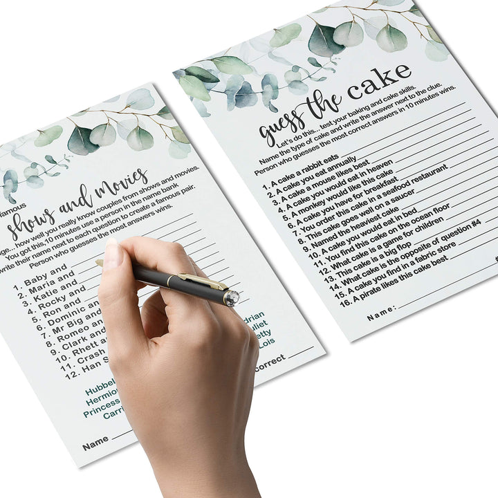 Greenery Bridal Shower Game Bundle - Eucalyptus Floral Word Scramble, Cake Guess, and Matching Couples, Double-Sided 5x7 Cards for 25 Guests - Paper Clever Party