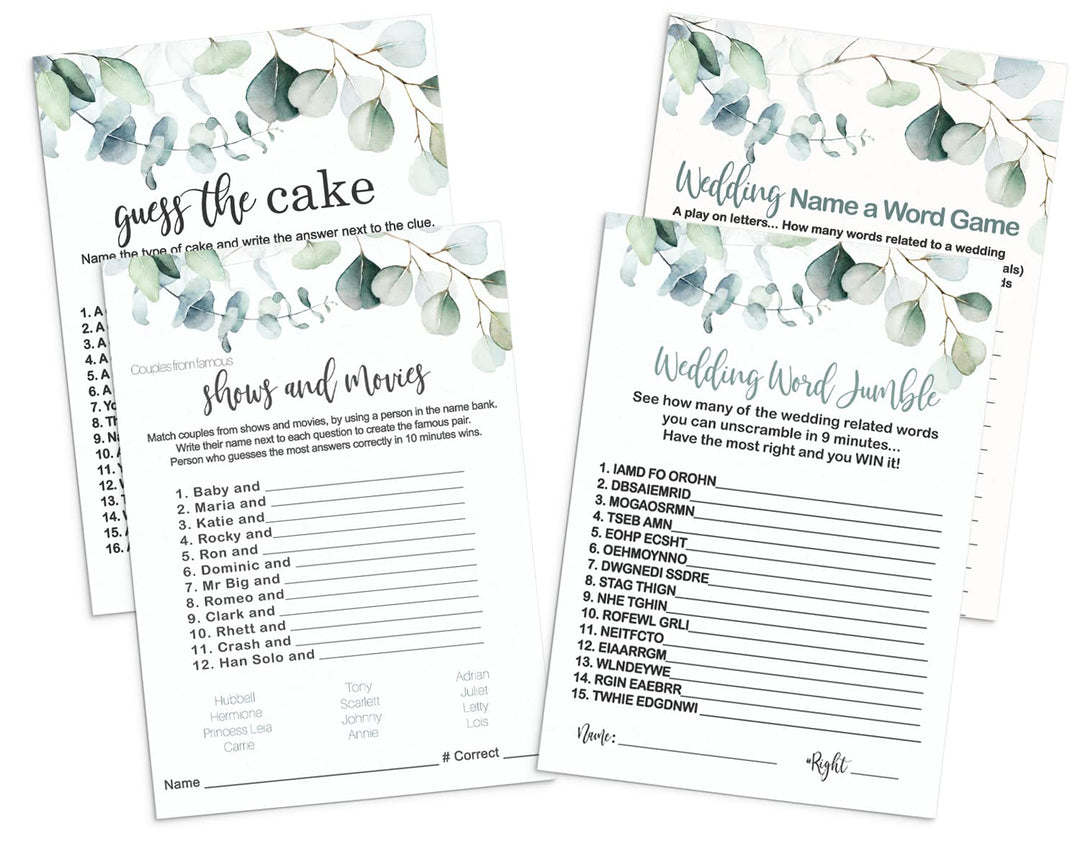 Greenery Bridal Shower Game Bundle - Eucalyptus Floral Word Scramble, Cake Guess, and Matching Couples, Double-Sided 5x7 Cards for 25 Guests - Paper Clever Party