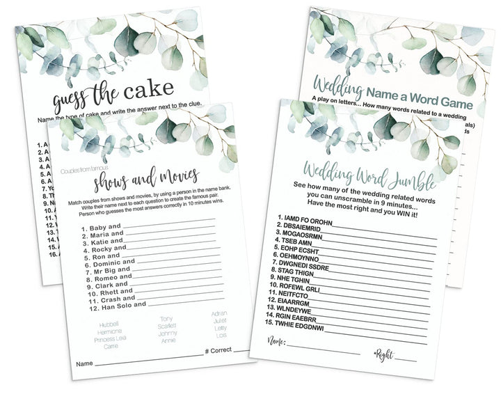 Greenery Bridal Shower Game Bundle - Eucalyptus Floral Word Scramble, Cake Guess, and Matching Couples, Double-Sided 5x7 Cards for 25 Guests - Paper Clever Party