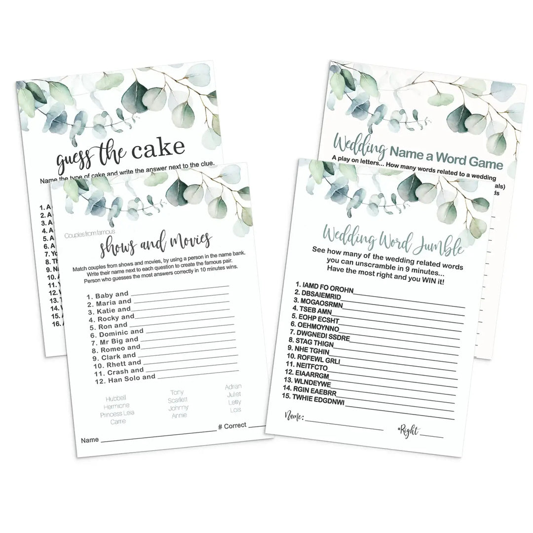 Greenery Bridal Shower Game Bundle - Eucalyptus Floral Word Scramble, Cake Guess, and Matching Couples, Double-Sided 5x7 Cards for 25 Guests - Paper Clever Party