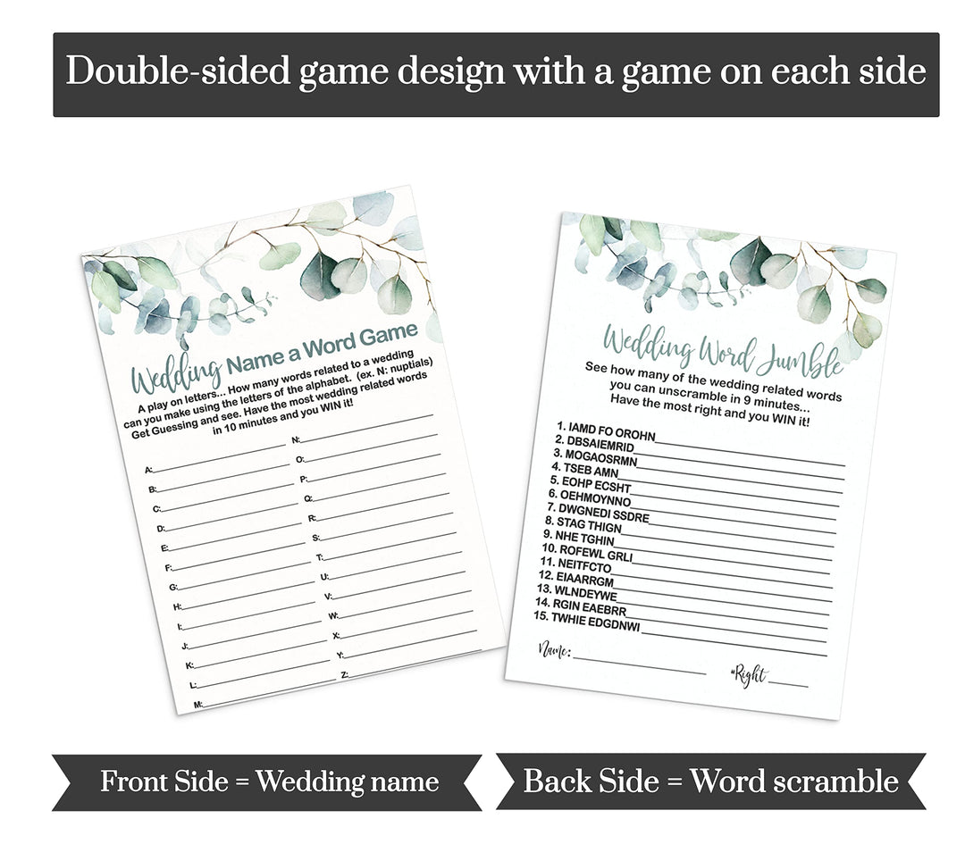 Greenery Bridal Shower Game Bundle - Eucalyptus Floral Word Scramble, Cake Guess, and Matching Couples, Double-Sided 5x7 Cards for 25 Guests - Paper Clever Party