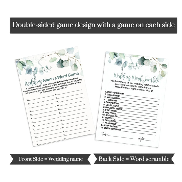 Greenery Bridal Shower Game Bundle - Eucalyptus Floral Word Scramble, Cake Guess, and Matching Couples, Double-Sided 5x7 Cards for 25 Guests - Paper Clever Party