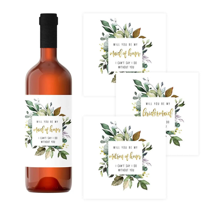 Greenery Petals Bridesmaid Wine Labels - Set of 12 - Unique Maid of Honor Proposal Ideas - Paper Clever Party