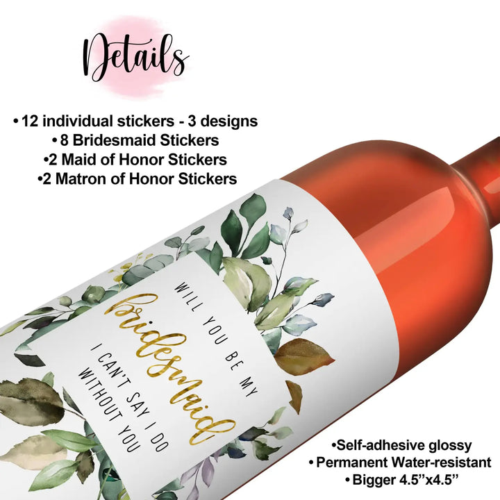 Greenery Petals Bridesmaid Wine Labels - Set of 12 - Unique Maid of Honor Proposal Ideas - Paper Clever Party