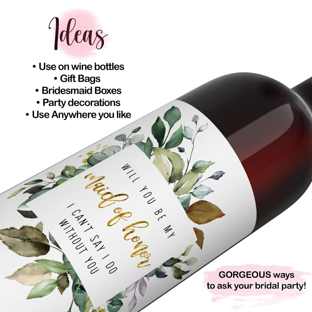 Greenery Petals Bridesmaid Wine Labels - Set of 12 - Unique Maid of Honor Proposal Ideas - Paper Clever Party