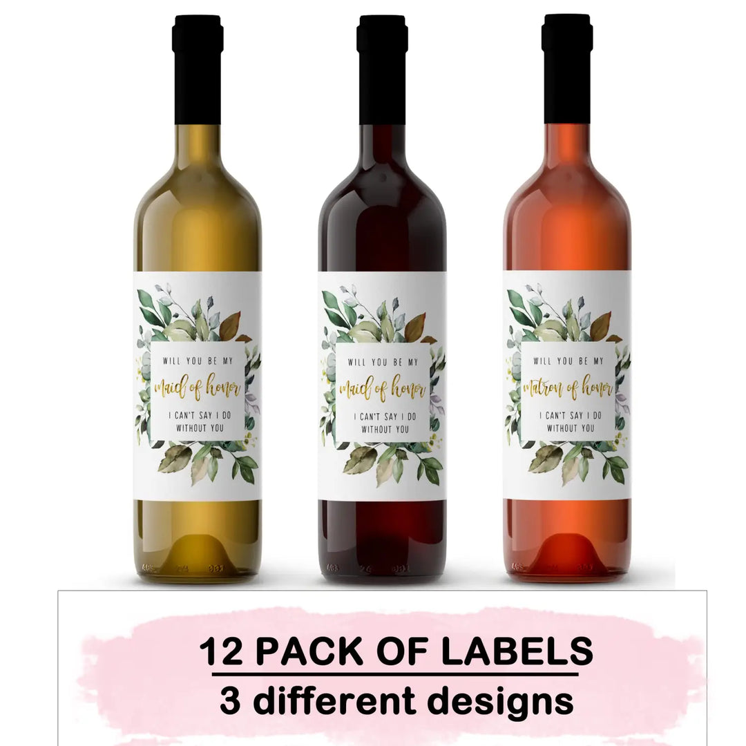 Greenery Petals Bridesmaid Wine Labels - Set of 12 - Unique Maid of Honor Proposal Ideas - Paper Clever Party