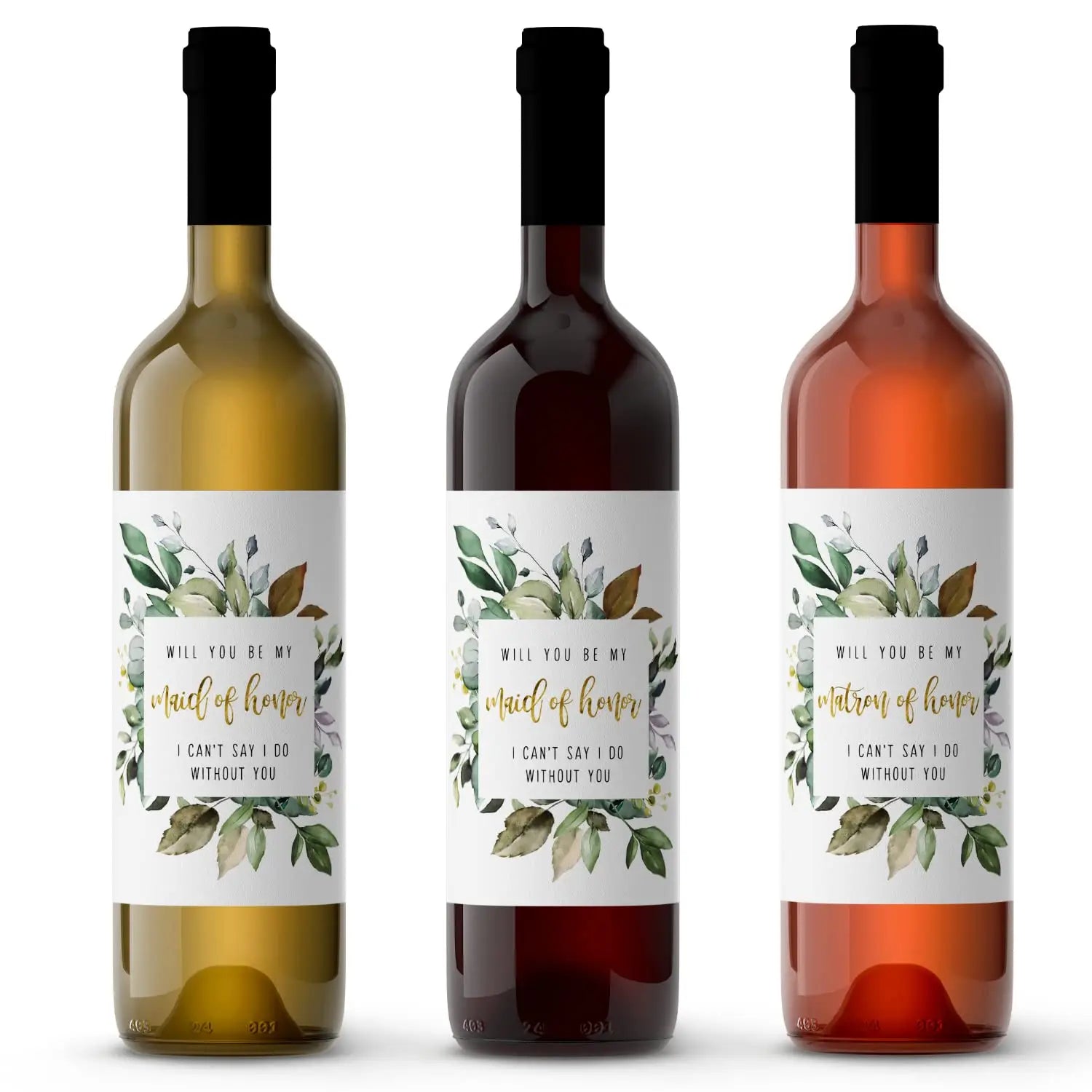 Greenery petals bridesmaid wine labels - set of 12 - unique maid honor proposal ideas - kitchen
