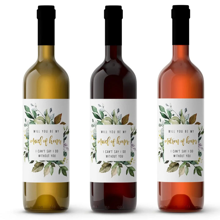 Greenery Petals Bridesmaid Wine Labels - Set of 12 - Unique Maid of Honor Proposal Ideas - Paper Clever Party