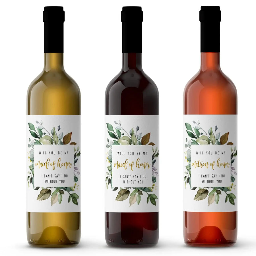 Greenery Petals Bridesmaid Wine Labels - Set of 12 - Unique Maid of Honor Proposal Ideas - Paper Clever Party