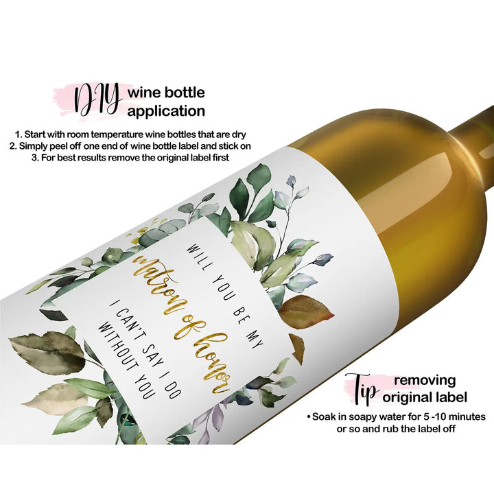 Greenery Petals Bridesmaid Wine Labels - Set of 12 - Unique Maid of Honor Proposal Ideas - Paper Clever Party