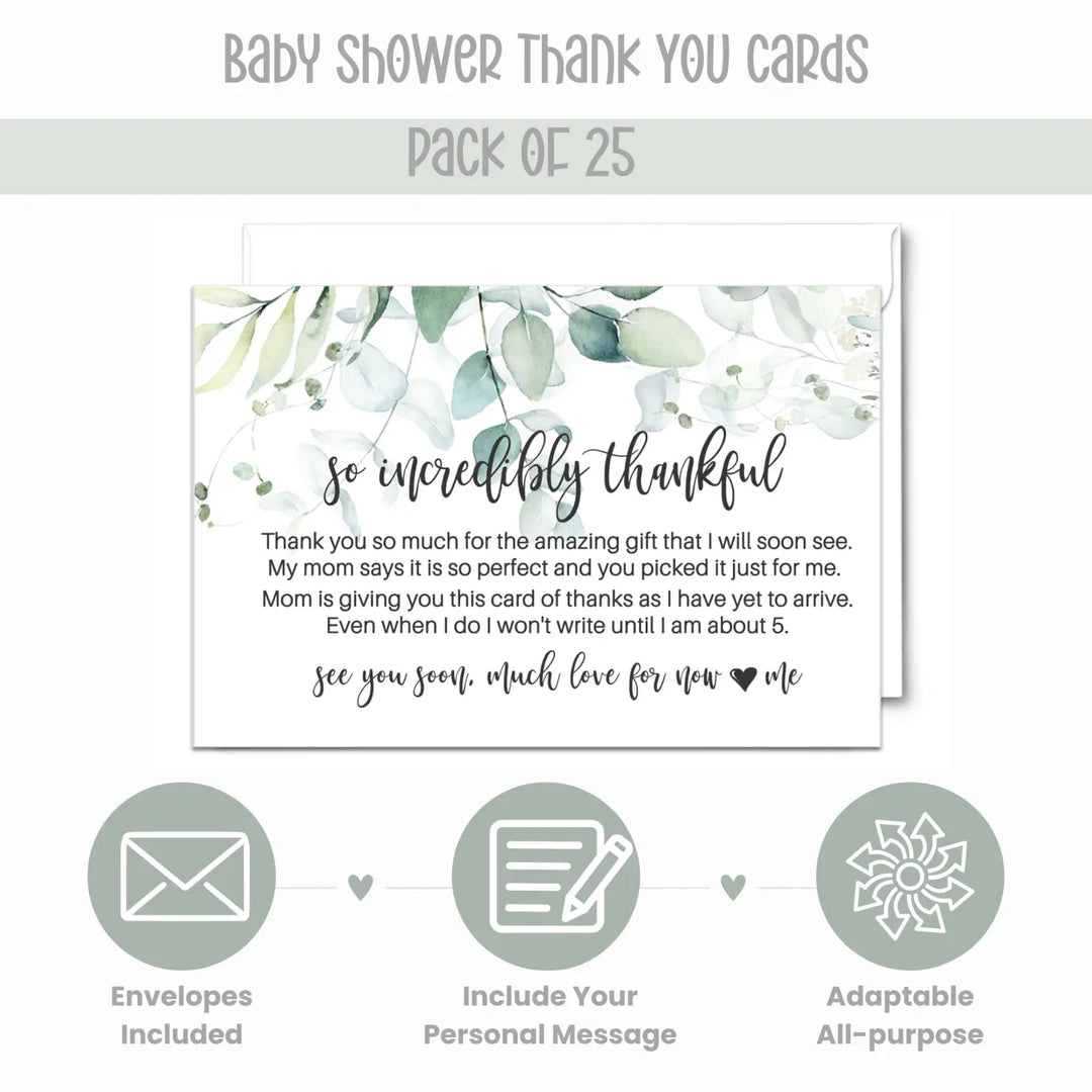 Greenery Thank You Cards for Girls Baby Shower – Personalized Notecards (Pack of 25) - Paper Clever Party