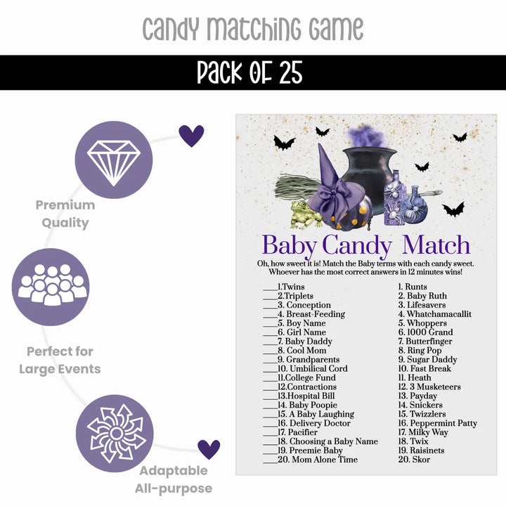 Halloween Baby Brewing Shower Game Set with Candy Bar Matching and Mommy Best, Purple Witch, 5x7 Cards (25 ct) - Paper Clever Party