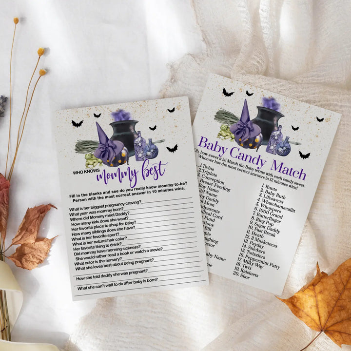 Halloween Baby Brewing Shower Game Set with Candy Bar Matching and Mommy Best, Purple Witch, 5x7 Cards (25 ct) - Paper Clever Party