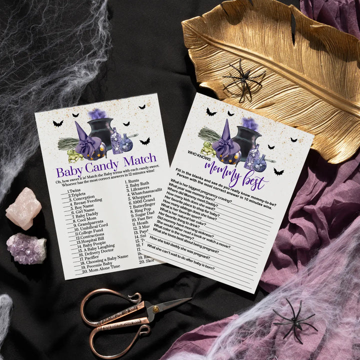 Halloween Baby Brewing Shower Game Set with Candy Bar Matching and Mommy Best, Purple Witch, 5x7 Cards (25 ct) - Paper Clever Party