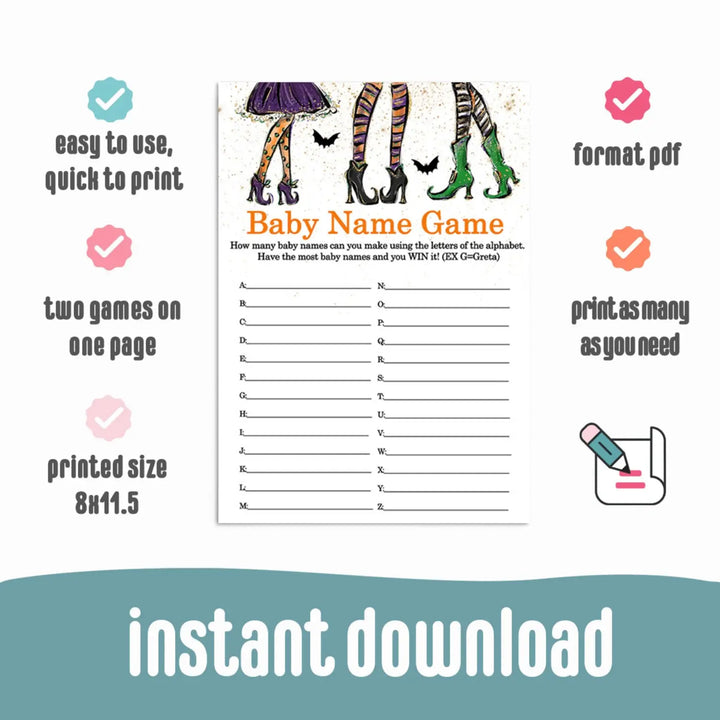 Halloween Baby Shower Name Race Game Printable PDF Download Baby is Brewing - Paper Clever Party