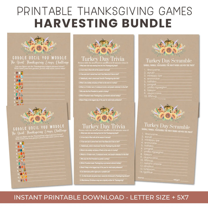 Harvesting thanksgiving games bundle – printable word scramble trivia emoticon instant download holiday activity pack