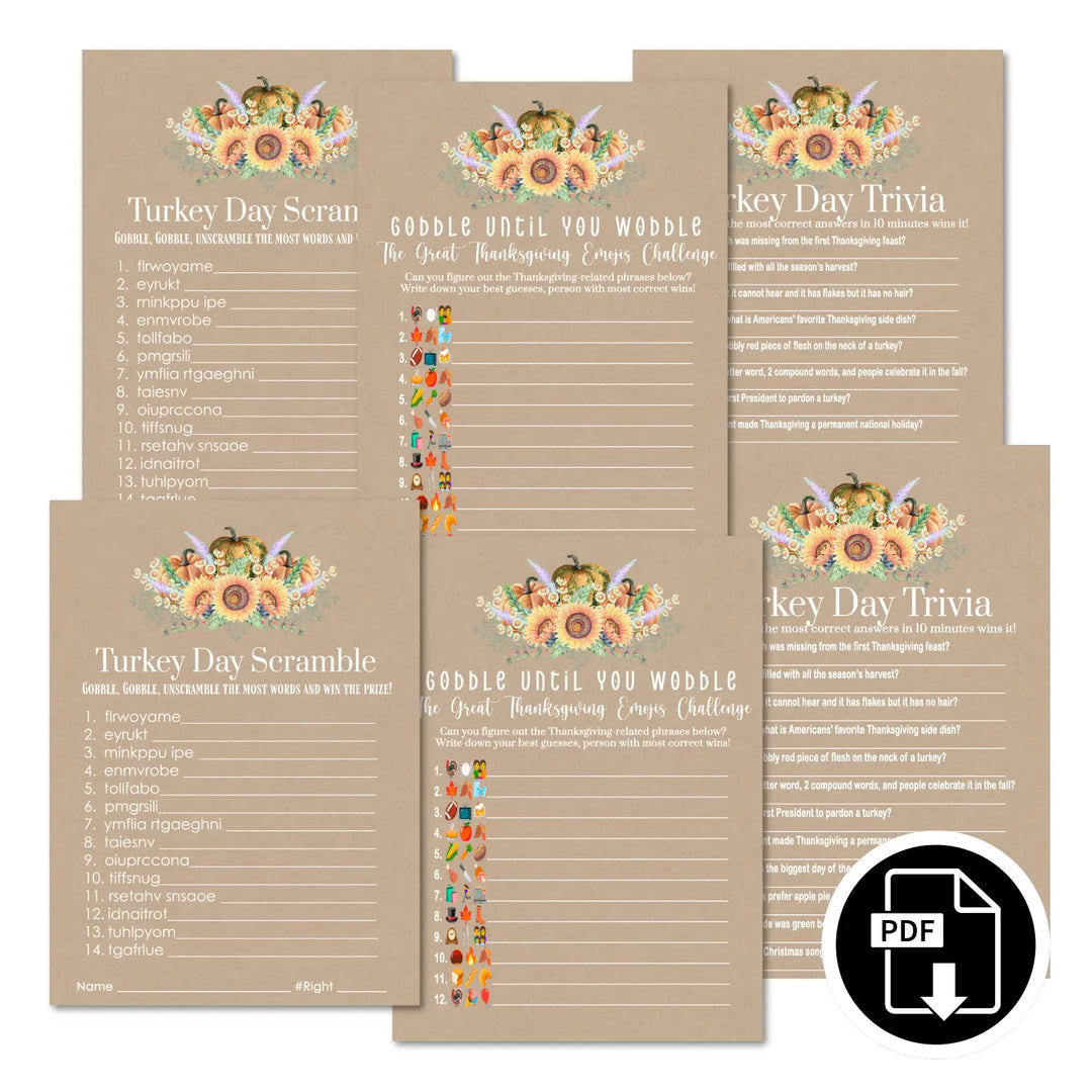 Harvesting thanksgiving games bundle – printable word scramble trivia emoticon instant download holiday activity pack