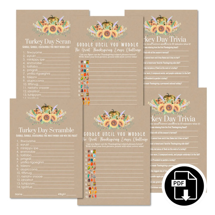 Harvesting thanksgiving games bundle – printable word scramble trivia emoticon instant download holiday activity pack