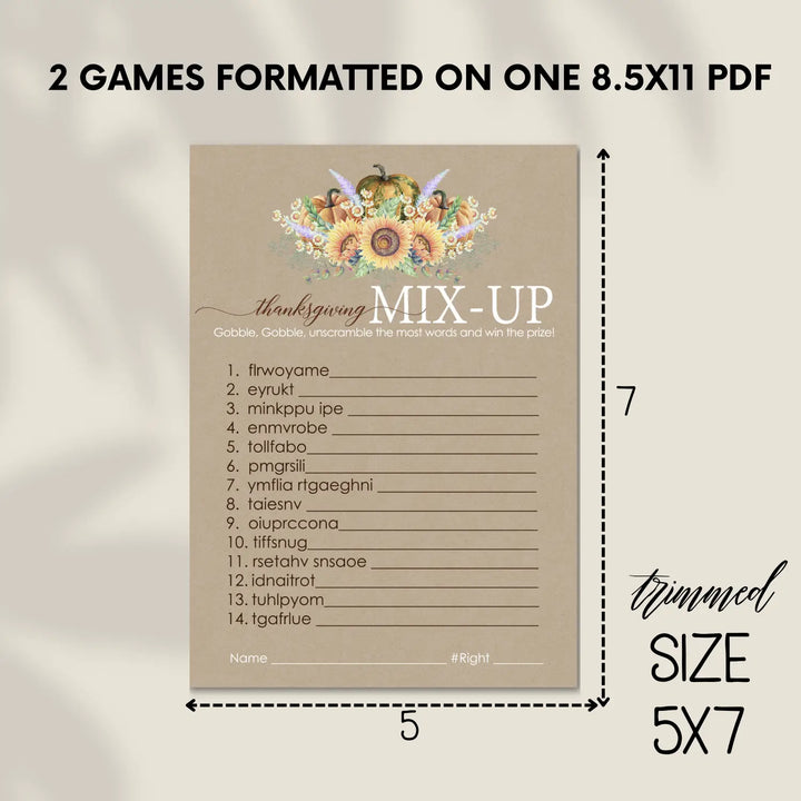 Harvesting thanksgiving word scramble printable – digital download with rustic design answer key 5x7 letter size