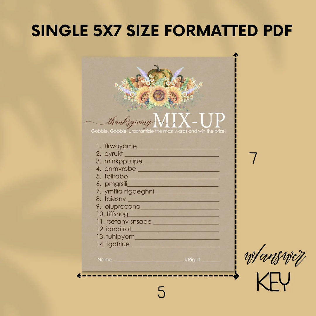 Harvesting thanksgiving word scramble printable – digital download with rustic design answer key 5x7 letter size