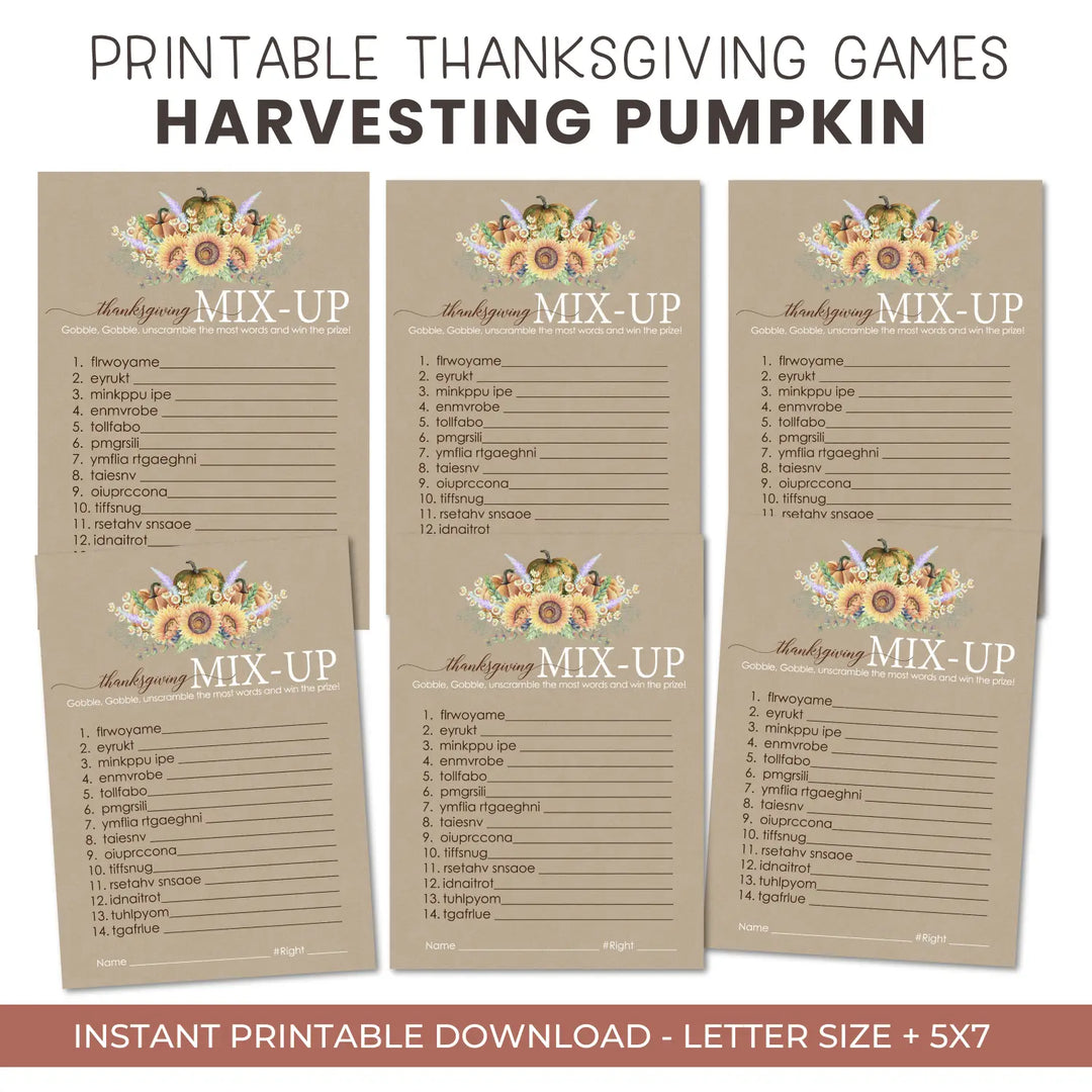 Harvesting thanksgiving word scramble printable – digital download with rustic design answer key 5x7 letter size