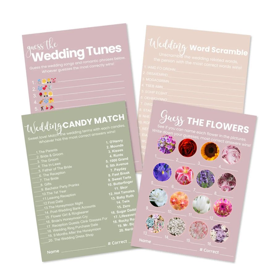 Heathered mauve bridal shower game bundle - instant download of 4 fun wedding games with answer keys - party