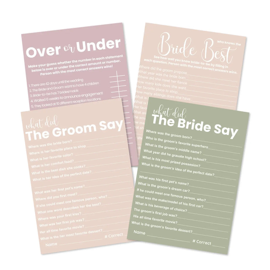Heathered mauve bridal shower game bundle - instant download of 4 fun wedding games for a soft and whimsical