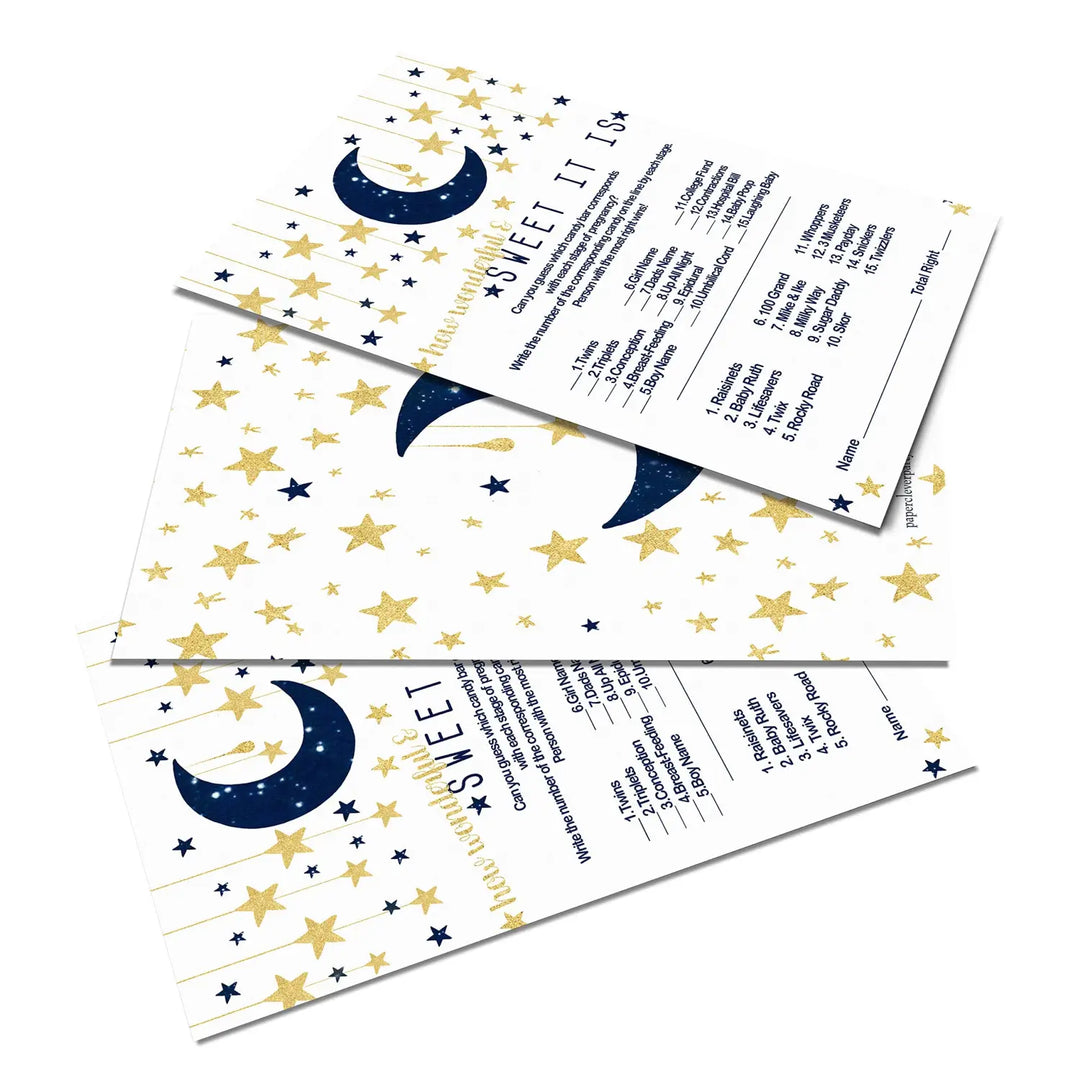 25-Card Celestial Baby Shower Candy Guessing Game - Twinkle Little Star - Navy & Gold Over the Moon - Paper Clever Party