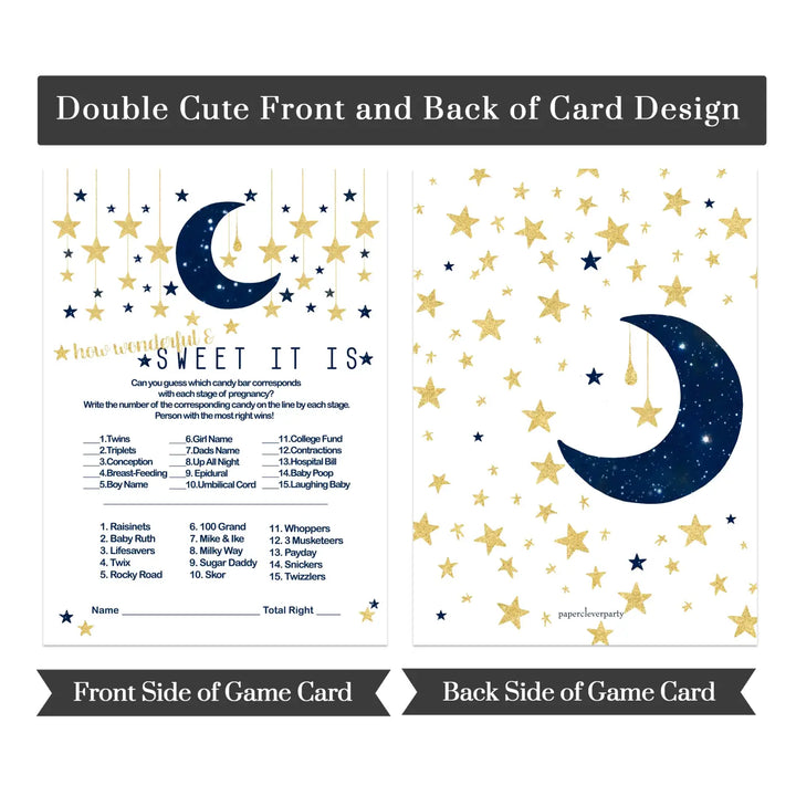 25-Card Celestial Baby Shower Candy Guessing Game - Twinkle Little Star - Navy & Gold Over the Moon - Paper Clever Party