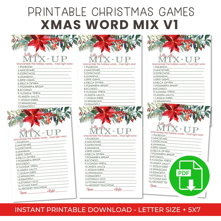 Holly christmas word scramble printable – digital instant download pdf diy - party games
