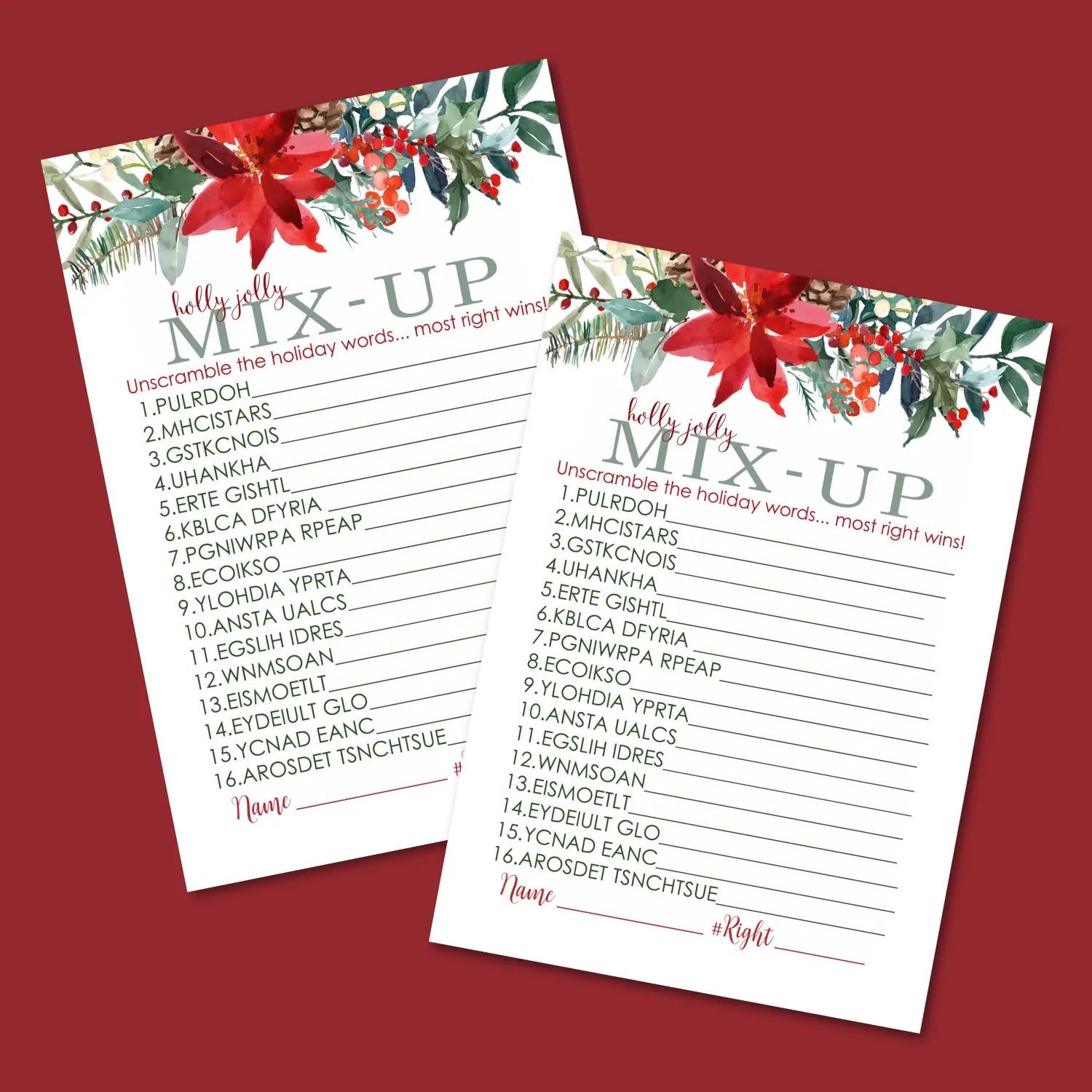 Holly christmas word scramble printable – digital instant download pdf diy - party games