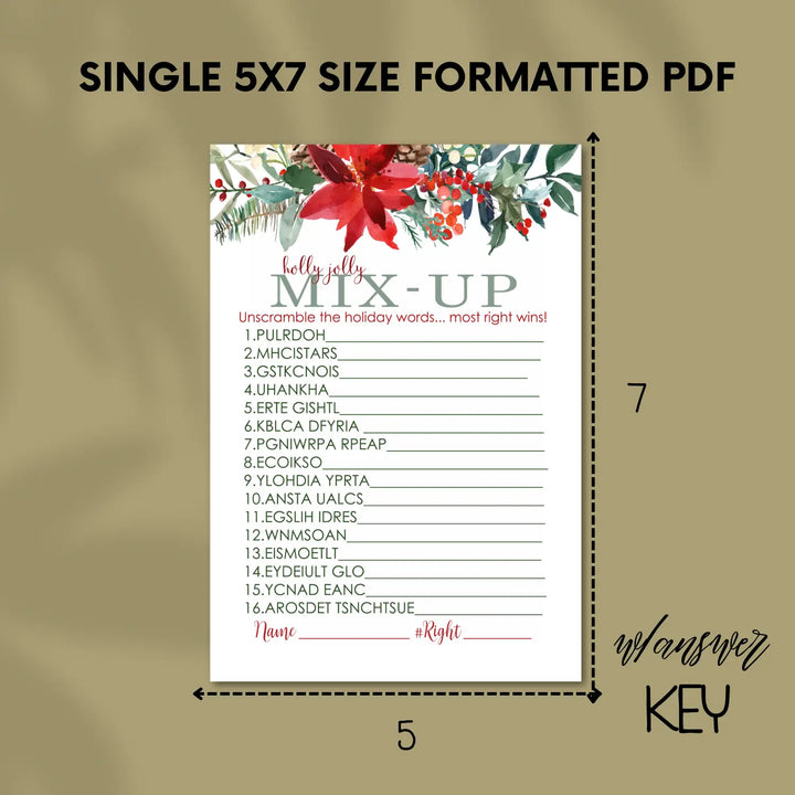 Holly christmas word scramble printable – digital instant download pdf diy - party games