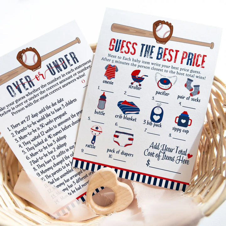 Home Run Baby Shower Game Set – Over or Under and Guess the Price Right 2 Pack of Baseball Themed Activities Ideas and Planning - Paper Clever Party