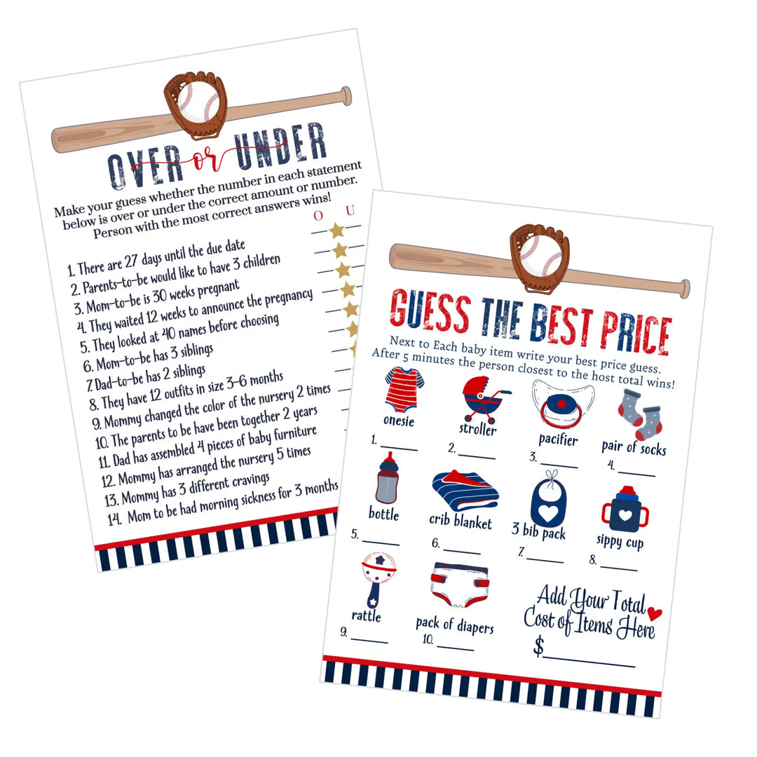 Home Run Baby Shower Game Set – Over or Under and Guess the Price Right 2 Pack of Baseball Themed Activities Ideas and Planning - Paper Clever Party