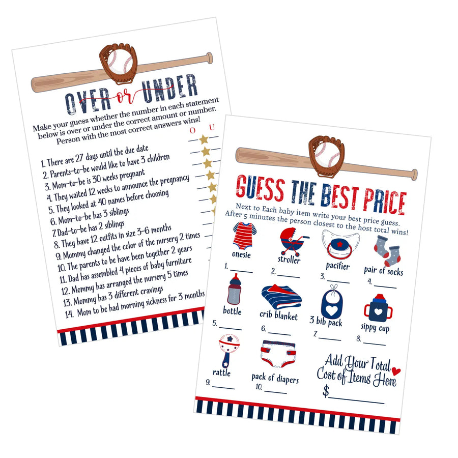 Home Run Baby Shower Game Set – Over or Under and Guess the Price Right 2 Pack of Baseball Themed Activities Ideas and Planning - Paper Clever Party