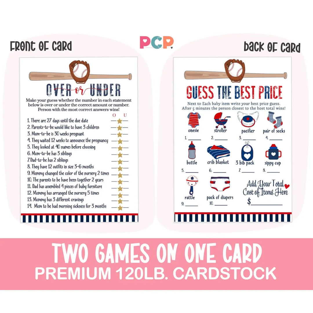 Home Run Baby Shower Game Set – Over or Under and Guess the Price Right 2 Pack of Baseball Themed Activities Ideas and Planning - Paper Clever Party