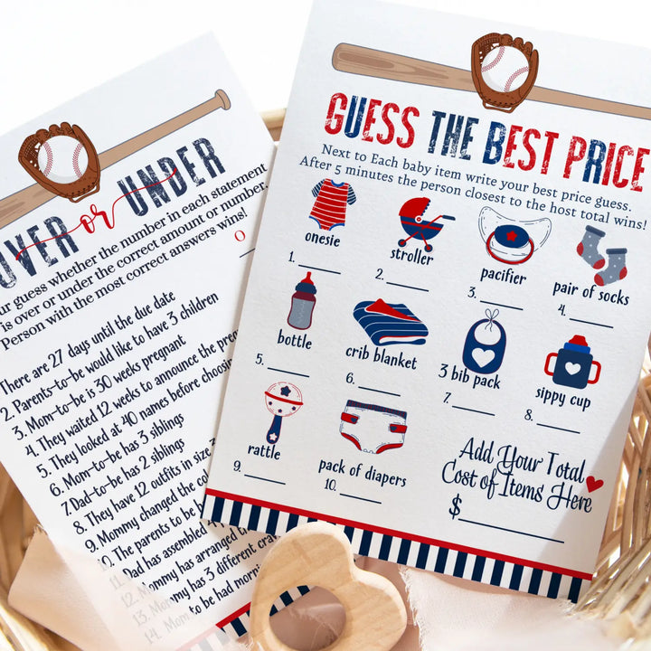 Home Run Baby Shower Game Set – Over or Under and Guess the Price Right 2 Pack of Baseball Themed Activities Ideas and Planning - Paper Clever Party