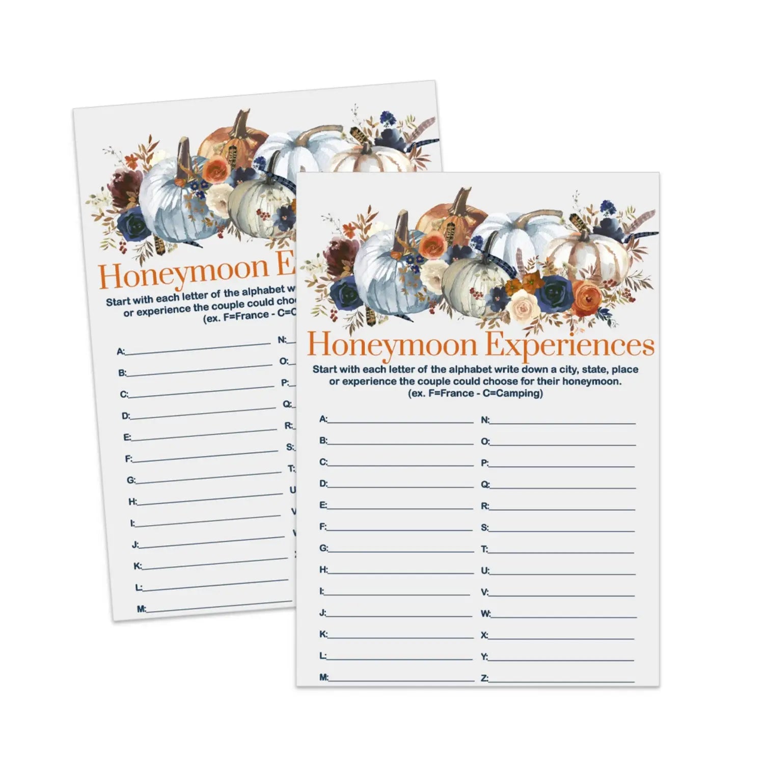 Honeymoon experience bridal shower game printable pdf download rustic pumpkin - party games